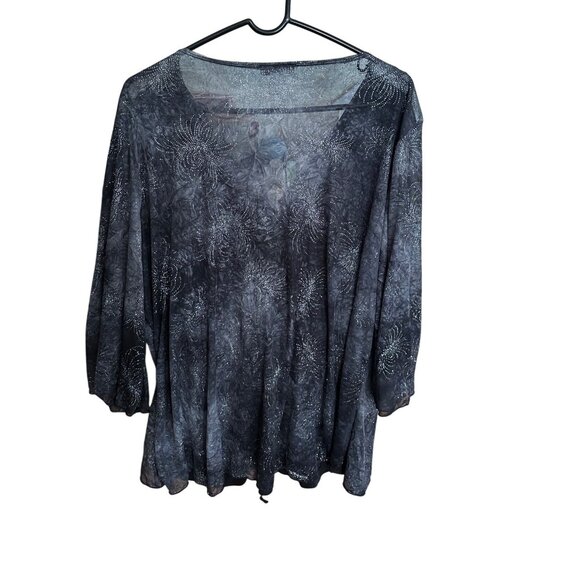 M.K.M. Designs Sheer Black Silver Sparkly Blouse Ruched Front Slit 3X Whimsigoth - Picture 2 of 11